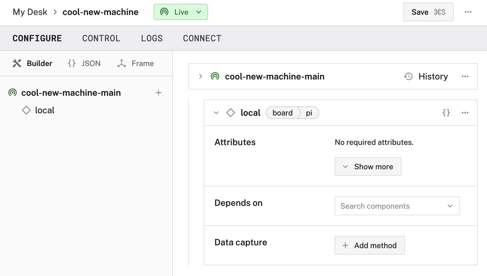 Config tab of Viam showing the board configuration. The board is named 'local' and no attributes are configured.